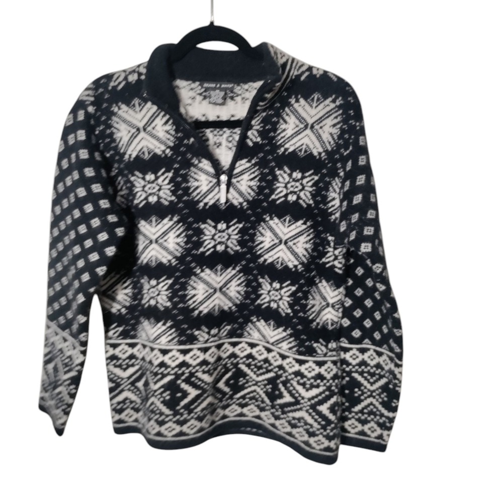 Deane & White Lambswool Angora Fair Isle Quarter‎ Zip Sweater Black White Medium